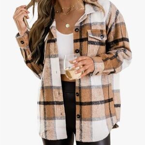 Plaid Shacket in Tan and White - Women's Button-Up Top